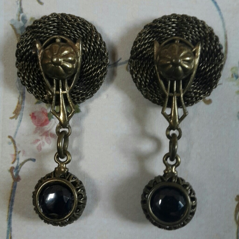 Antique Brass Mesh Drop Dangle Earring's Quartz - Picture 1 of 8